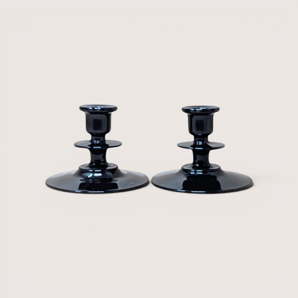 1940s Black Amethyst Glass Candle Holders Pair